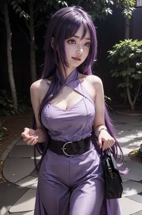 1girl, sumire in anime boruto, long hair, purple hair, purple eyes, smile, beautiful, sexy dress, sexy clothes, purple clothes, very big breast, realistic clothes, detail clothes, outdoor background, ultra detail, realistic