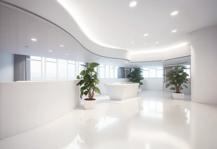 there is a white reception in a large room, all white render, minimalist interior, back ground is minimalist white wall ( lighting realistic, see throung office workspace), led lighting on ceiling, white-space-surrounding, rendered in v-ray, smooth surface...