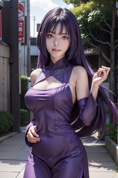 1girl, sumire in anime boruto, long hair, purple hair, purple eyes, smile, beautiful, sexy dress, sexy clothes, purple clothes, very big breast, realistic clothes, detail clothes, outdoor background, ultra detail, realistic