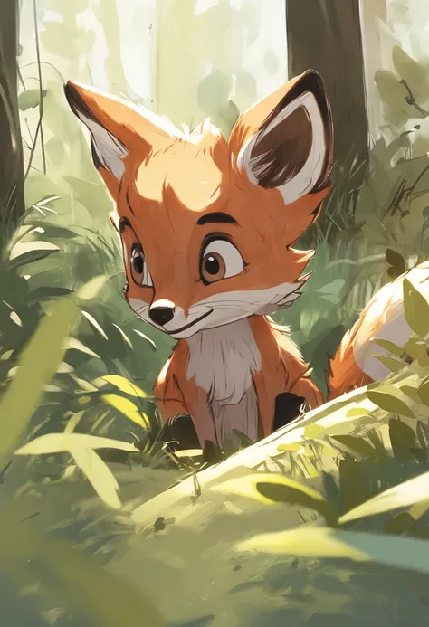 A curious male fox cub pokes its head out of a cozy fox den in the forest. He has orange fur, bushy tail, And cheer up the big fluffy ears. He wears the green adventurers hat and scarf. His eyes were bright and surprised as he looked out of the study in th...