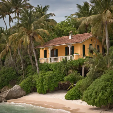 Tropical beach with small Italian house on the tropical island, vibrance, lush jungle in the back