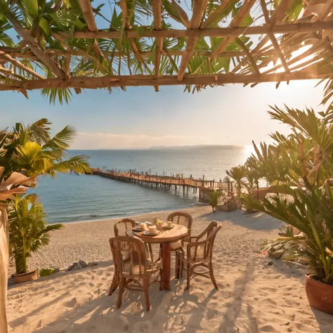 Tropical beach with wooden pergola at sunset with vibrance in a flower garden with Italian village with small restaurants