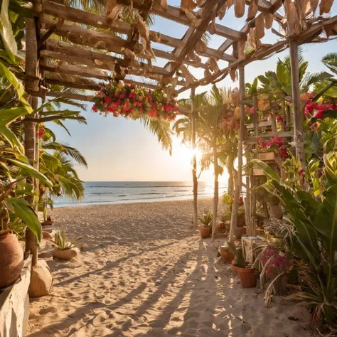 Tropical beach with wooden pergola at sunset with vibrance in a flower garden with Italian village with small restaurants