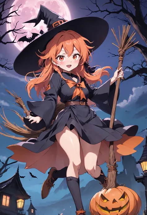 Full body Japanese Anime girl Halloweeen witch riding witch broom front of orenge full moon and tree, bats flying around, 1girl, sexy, smirking, pink hair, green eyes, wearing witch hat and witch outfit, sexy outfit, masterpiece,Vector 2D, Black outline, N...