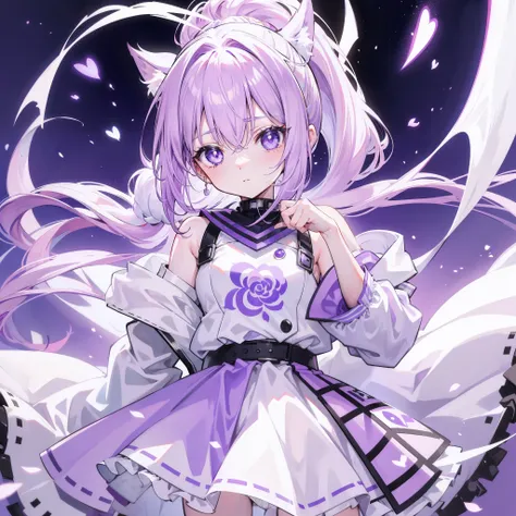 Lilac hair and ponytail，Milky white and bright light purple pupils and clothes，Petite figure，Very small, a sweet loli，Its a soft girl