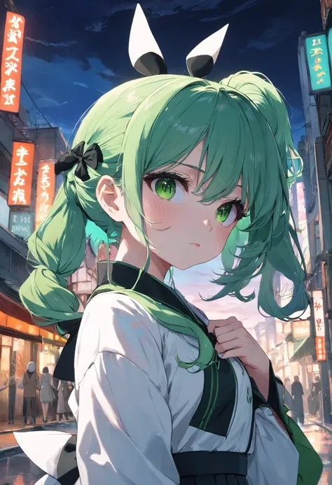 Green-colored hair，Double ponytail curls，blue color eyes，White Lolita，A bustling city street