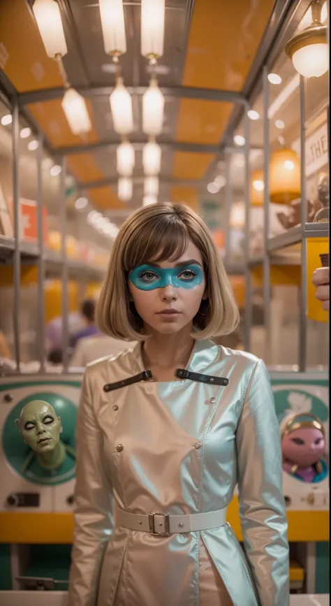 8k portrait of a 1960s science fiction film by Wes Anderson, em 1960, pastels colors, There are people wearing weird futuristic masks and wearing extravagant retro fashion outfits and men and women wearing alien makeup and old ornaments with mechanical pet...