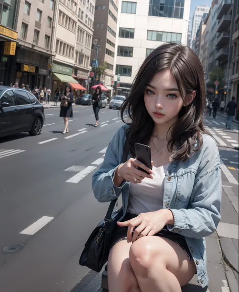 Beautiful woman, fiddling with cell phone in the middle of the street, short clothes