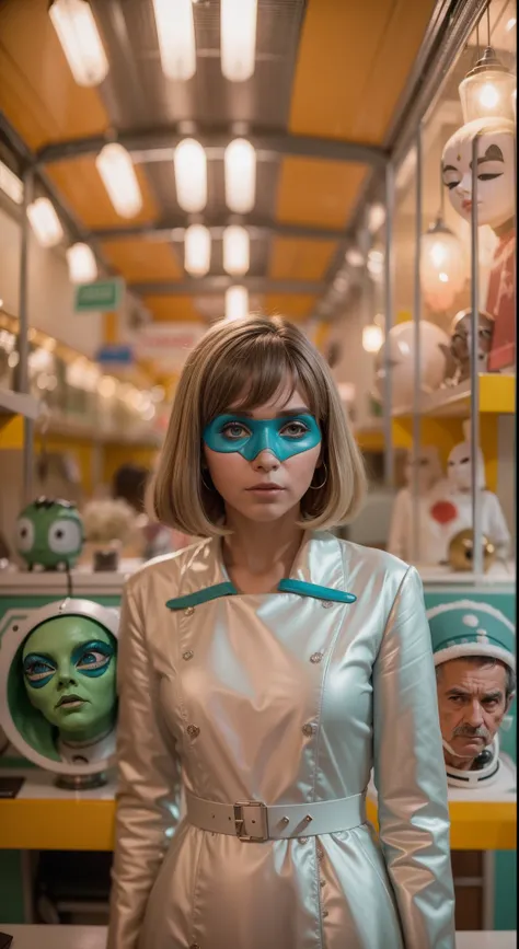 8k portrait of a 1960s science fiction film by Wes Anderson, em 1960, pastels colors, There are people wearing weird futuristic masks and wearing extravagant retro fashion outfits and men and women wearing alien makeup and old ornaments with mechanical pet...