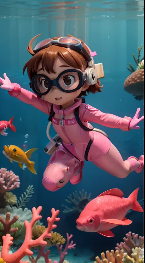 "High quality, masterpiece, 5-year-old little girl, brown hair, pink diving suit, diving goggles, pink diving gloves, pink diving shoes, swimming towards the camera, underwater, coral reef, fish."