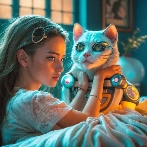 photo and text: WeI see not safe!; human girl and Cyborg cat shows internals; Both in bed together; Text shows "I see not safe!" with no other text and is very clean., cinematic, 3d render, typography, fashion, architecture, product, vibrant, 4k, ​masterpi...