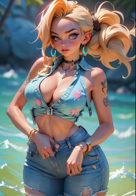 ((Best quality)), ((Masterpiece)), ((Realstic)) and ultra-detailed pchaudography, nous, Jolie fille nous de One Piece,   Jolie fille,  neon light. Porte un bikini et un jean, ABS potelé, ((beautiful and aesthetic)), sexy, gros seins, chaud, (grosse poitrin...