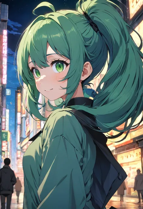 Green-colored hair，Double ponytail curls，blue color eyes，A bustling city street，Smile back