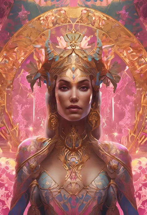 (chromaV5:1.2) (symmetry:1.1) (portrait of floral:1.05) a woman as a beautiful goddess, (assassins creed style:0.8), pink and gold and opal color scheme, beautiful intricate filegrid facepaint, intricate, elegant, highly detailed, digital painting, artstat...