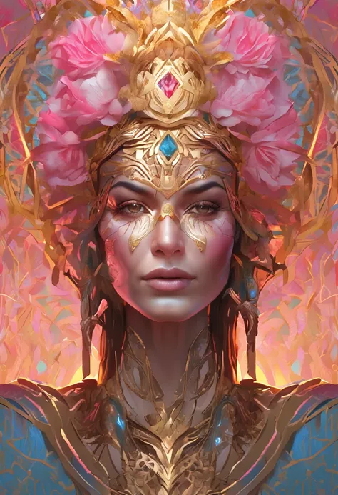 (chromaV5:1.2) (symmetry:1.1) (portrait of floral:1.05) a woman as a beautiful goddess, (assassins creed style:0.8), pink and gold and opal color scheme, beautiful intricate filegrid facepaint, intricate, elegant, highly detailed, digital painting, artstat...