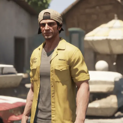 arafed man in a yellow shirt and cap standing in front of a building, as the protagonist of gta 5, as a character from gtav, jerma, jack baker from resident evil 7, ernest khalimov body, jesse pinkman in gta v, gta character, gta v character, looks like je...