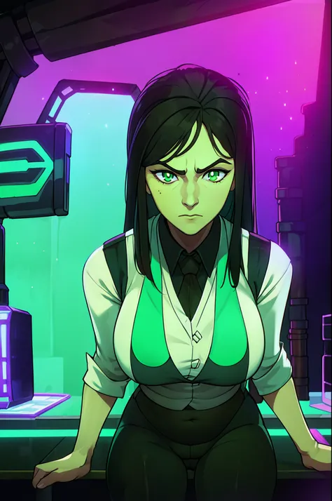 mature thicc female with dark brown long hair, has green eyes, wearing black business vest, wearing black business pants, sitting in bar, uv lights, unimpressed look on her face, owner, has crotch bulge