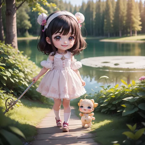 Cute Baby Chibi Anime,Super masterpiece, top-quality, Ultra-detailed, girl1、（（（Chibi）））、A dark-haired、magical little girl、magic circles、Magic cane、Open your mouth and smile、Looking at the camera、Fulll body Shot、Forests and lakes in the magical land of fair...