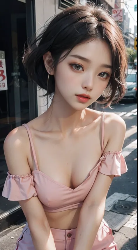 Gentle and beautiful woman, half body photo, delicate and sexy collarbone, charming oval face, double eyelids, smart peach blossom eyes, pink lips, small nose, bare shoulders, focused face, face close-up, ultra-high-definition, super Details, elegant stand...