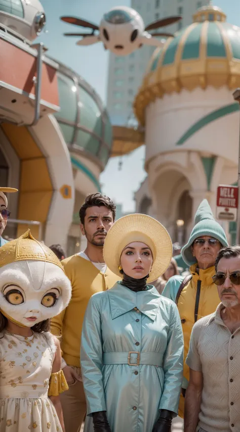 8k portrait of a 1960s science fiction film by Wes Anderson, em 1960, pastels colors, There are people wearing weird futuristic masks and wearing extravagant retro fashion outfits and men and women wearing alien makeup and old ornaments with mechanical pet...