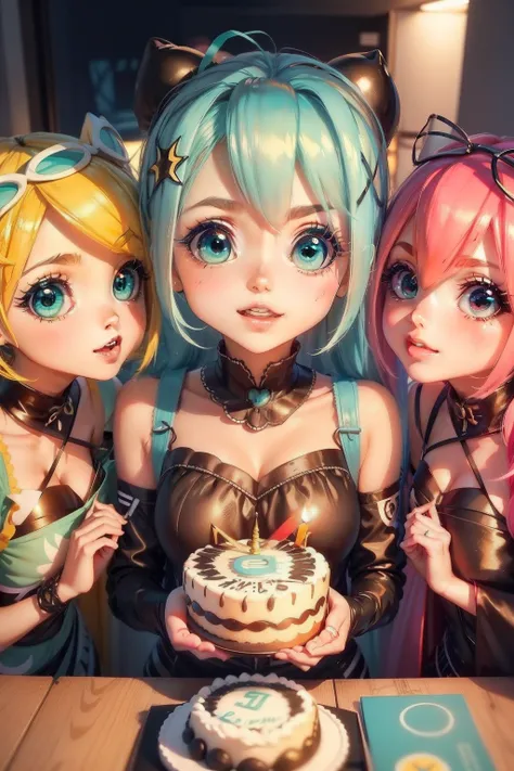 muitas garotas, (Hatusne Miku, Kagamine Rin, Megurine Luka, Akita Neru, megpoid Gumi), womens hands, Rapariga, [[[[Closeup]]]], [[[[peito]]]], [[[ombros]]]], [[[full head ]]], birthday party, anniverssary cake, birthday candle, 16 anos, olhos perfeitos, Pe...