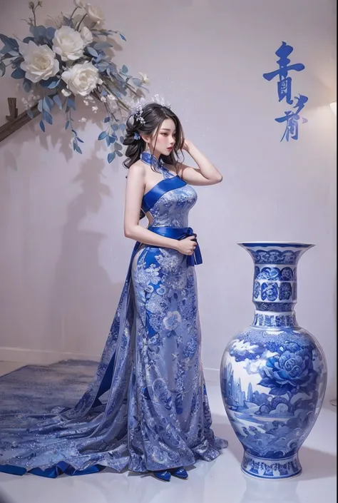 tmasterpiece,one-girl,Wear a blue-and-white cheongsam,big breasts beautiful,Raised sexy,Blue and white porcelain vase in the background,Soft lighting,