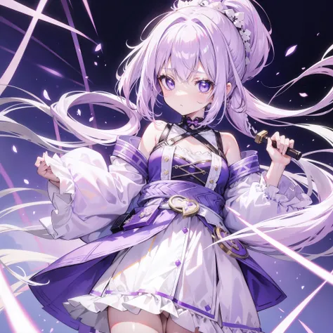 Lilac hair and ponytail，Milky white and bright light purple pupils and clothes，Petite figure，Very small, Sweet loli，Its a fluffy girl