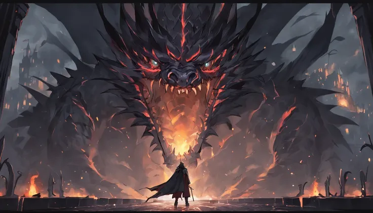 The kingdom is shrouded in darkness，The young prince on the castle tower stood in front of the black dragon，Facing the malicious gaze of the black dragon。The exterior of the castle shows a dark and heavy atmosphere。