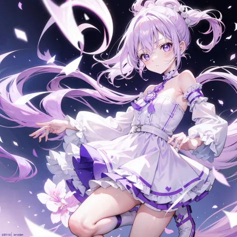 Lilac hair and ponytail，Milky white and bright light purple pupils and clothes，Petite figure，Very small, a sweet loli，Its a soft girl