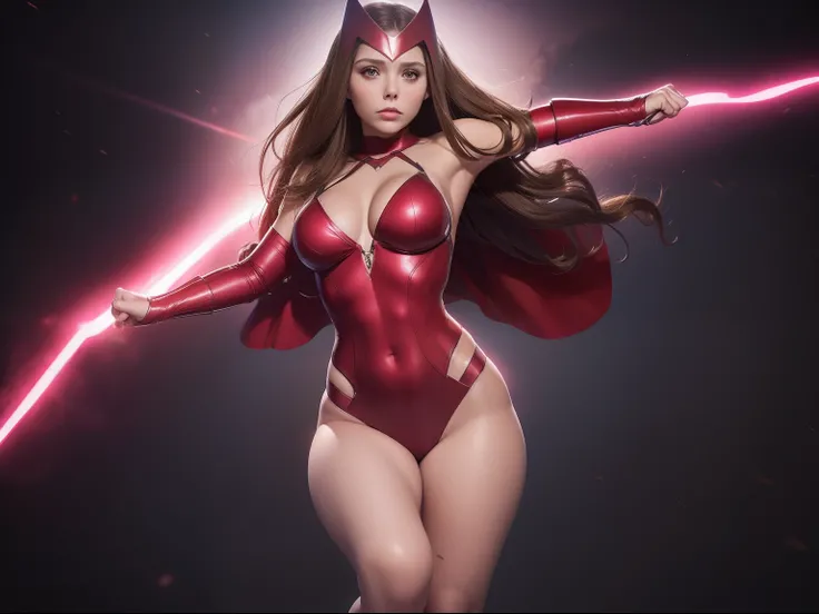 Foto, ((scarlet witch)) Elizabeth Olsen ,Sensual,(Pecho grande)cuerpo perfecto, pose caliente, cute ,street fighter (empty dark background)(((en un fondo vacio )))Como estilo de renderizado de motor irreal, esthetic, Sorprendentemente hermoso momento since...