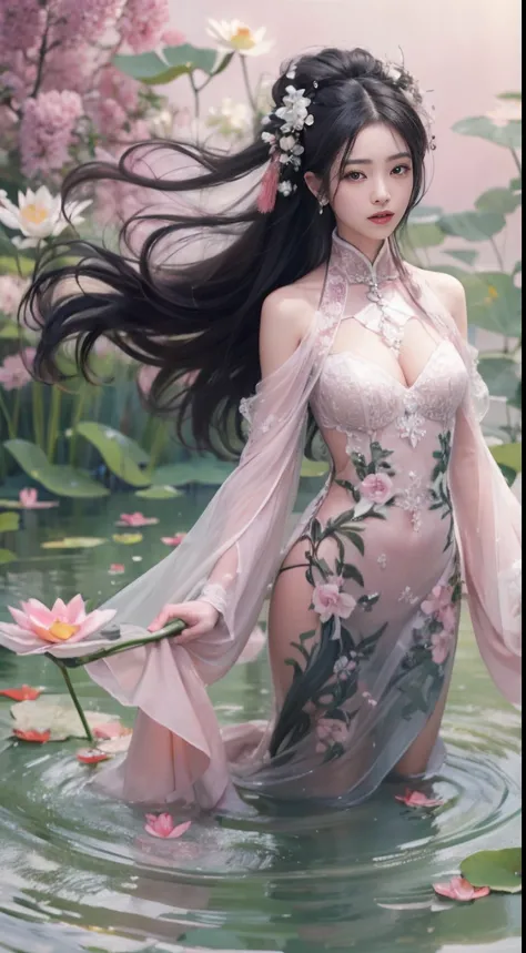 Classical Chinese beauty，Long flowing black hair，standing in a pond，Exposed in white tulle，crisp breasts ， Full body photo（Abstract gouache splash：1.2）， Pink petal background，Pink and white lotus flowers fly（realisticlying：1.4），Black color hair，Fallen leav...