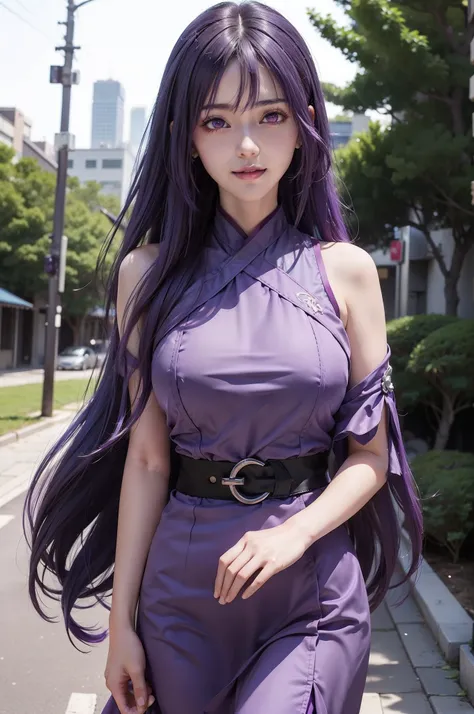 1girl, sumire in anime boruto, long hair, purple hair, purple eyes, smile, beautiful, sexy dress, sexy clothes, purple clothes, ...