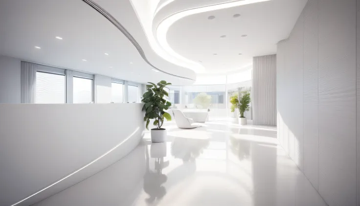 there is a white reception in a large room haveing curve line lighting, all white render, minimalist interior, back ground is minimalist white wall ( lighting realistic, see throung office workspace), led lighting on ceiling, white-space-surrounding, rende...