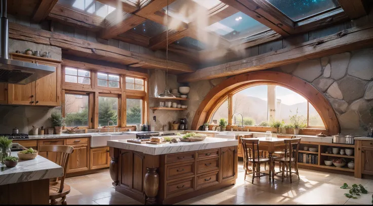 A mysterious house in the middle of a fresh green meadow、The kitchen of the mysterious house is、The atmosphere is wrapped in rustic charm and combines warmth and functionality with the magic of the universe.。Kitchen counters、It is covered with beautiful st...