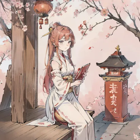 20yr old，Japan Priestess，Red long-haired，Rose-red eyes，White upper and red witch costume below，Little yellow duck toy，A tranquil，gentleness，under a sakura tree，shrines。。Uesugi Eri