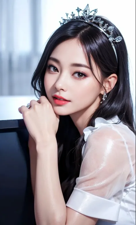 (8k, RAW photos, photorealistic: 1.25), (lip gloss, eyelashes, shiny face, shiny skin, top quality, ultra high resolution, depth of field, chromatic aberration, caustics, broadlighting, natural shading, kpop idol) Gentle, goddessy happiness watching viewer...