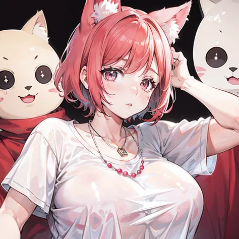 Short hair dyed red，Super fat ugly woman，The face is full of wrinkles and acne，Looks old，Sallow skin，Wearing a cream white T-shirt，A silver necklace is worn around his neck，It has pink fox ears