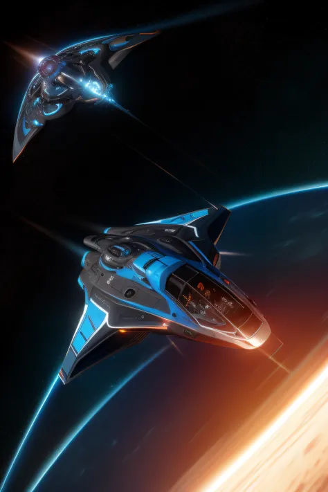 futuristic spaceship, smooth lines aerodynamic, flying in space near a supernova blue sun