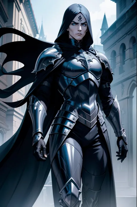 Male warrior character legion of the Phantom Spectre wearing black and blue gothic armor, bem detalhada, espada e escudo, fluttering cover, with blue eyes color of ice, Gothic city, cripta, 8k, Magnificent posture, poderosa e imponente, Escuro, maligno, Mu...