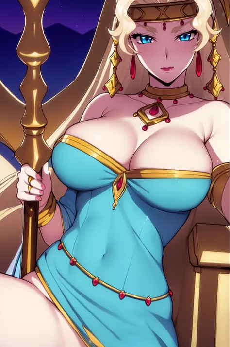 (Night:1.7), Castle,
sitting at attention,sitting on throne,
yellow outfit,
jewelry,midriff,gem,holding_staff,  circlet,earrings,necklace,
blonde hair,blue_eyes,Very_long_hair,(a red heart in the center of the eye,),
1 girl, 20yo,mature female,Beautiful Fi...