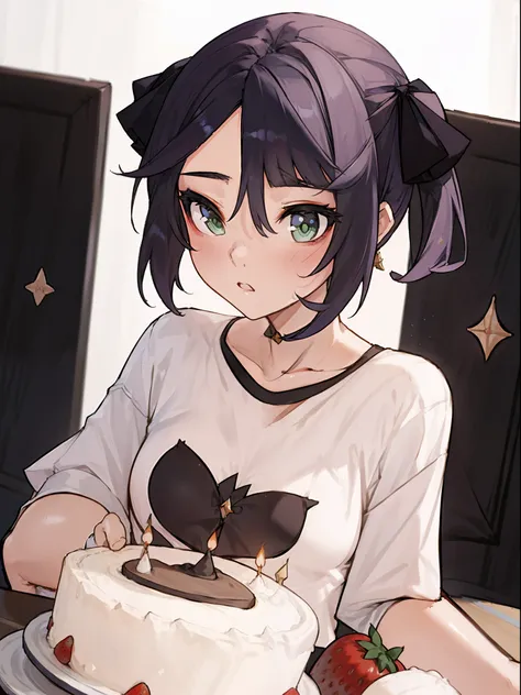 1 girl, mona, genshin, cute, casual clothes, t-shirt, amazed, surprised, cake, strawberry, candles on cake, birthday