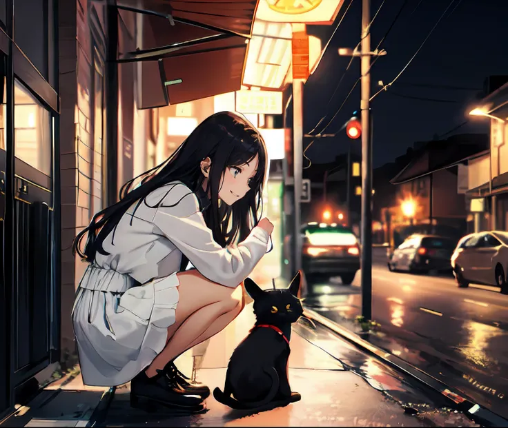 （A twenty-year-old young woman with long black hair in a white dress crouches down on the road and pets a black kitten：1.6）
（独奏：1.5）
（A happy expression appeared on his face：1.6）
（On the side of the road：1.5）
（dim street lights：1.4）
（Grass from：1.4）
（deep ...