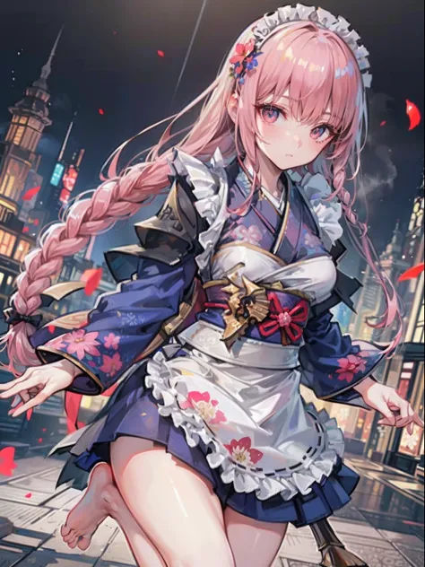 Best Quality, (Extremely detailed: 1.5), masutepiece, 超A high resolution,(photographrealistic:1.4), yandere,　1 Lady of Adort, Cowboy Shot, (Wear battle armor:1.6), (Floral Pattern Part Turn Pink Kimono:1.6), (maid:1.6), Pink Maid Micro Skirt, Pink hair, (S...