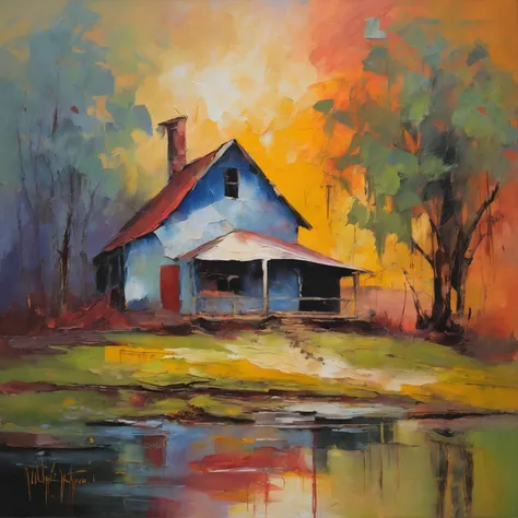 A farm house under the big tree beside the stream, Sunset,  Oil painting, classic style, rich colors, brushstrokes, vibrant textures, expressive portraits, dynamic composition, capturing light and shadow, artistry, timeless beauty.