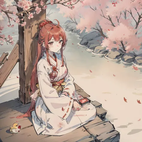 under a sakura tree，shrines。20yr old，Japan Priestess，Red long-haired，rose red eyes，White upper and red witch costume below，Little yellow duck toy，A tranquil，gentleness。Uesugi Eri