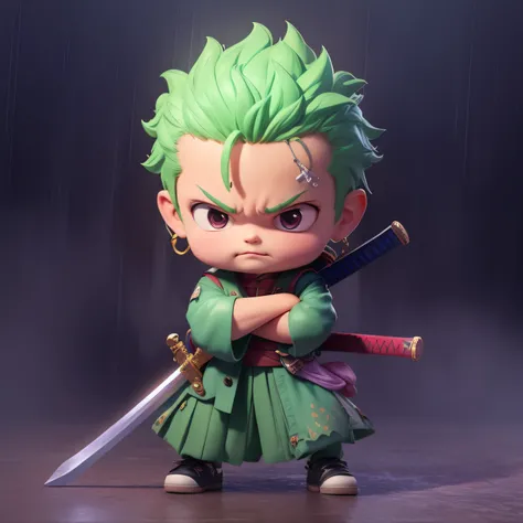 (extremely detailed CG unity 8k wallpaper), chibi cute boy holding a sword, solid background