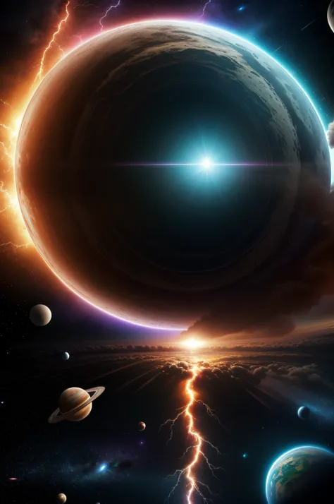 Interstellar, planet explodes, black hole, magnetic superstorm, many astronauts, many spaceships, many planets, surreal images, super resolution quality, 32k resolution , extremely detailed description, Cinematic, Hyper-detailed, insane details, Beautifull...