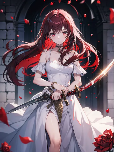 (masterpiece best quality:1.4), anime, 1girl, solo, black|red hair, long hair, sword, hands on hilt, weapon, white wedding dress, aiming at viewers, blurry background, blurry, jewelry, long hair, solo focus, chain, bracelet, standing, bare shoulders, holdi...