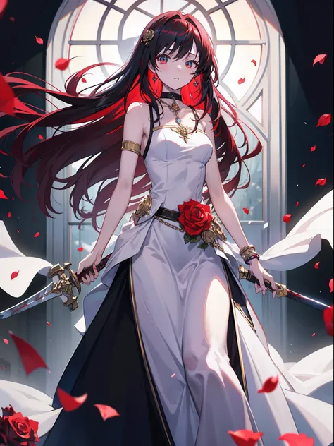 (masterpiece best quality:1.4), anime, 1girl, solo, black|red hair, long hair, sword, hands on hilt, weapon, white wedding dress, aiming at viewers, blurry background, blurry, jewelry, long hair, solo focus, chain, bracelet, standing, bare shoulders, holdi...