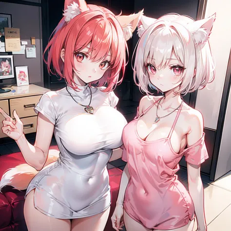 Short hair with light red color，The breasts are super full，The figure looks petite，Smooth and delicate long legs，Wearing a cream white T-shirt，A silver necklace is worn around his neck，It has pink fox ears，and cute pink and white fox tail，Its a super beaut...